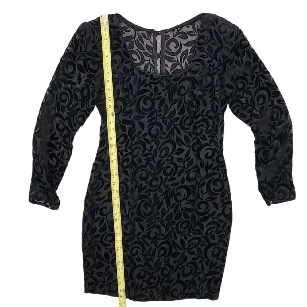 Vintage 90s Black Velvet Burnout Floral Cocktail Dress | Long Sleeve Sheer Y2K